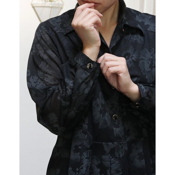 80s Black & Grey Floral Polka Dot Satin Dress w/ Long Sleeves, Stretch Waist - Picture 7 of 10